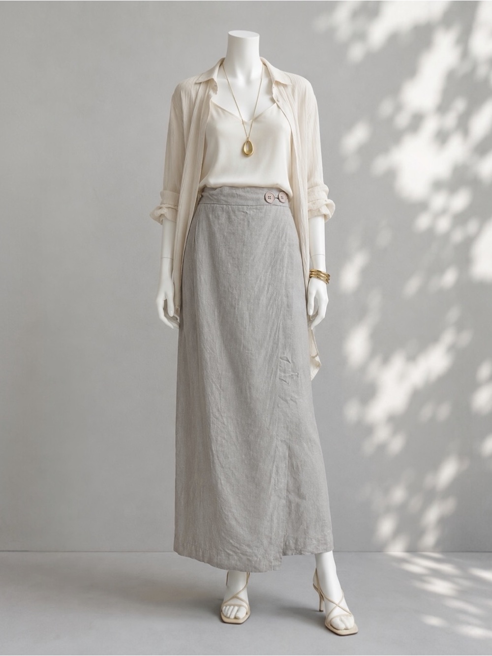 Sleeper Light Gray Linen Maxi Skirt S Quiet Luxury Minimalist Wrap Look
